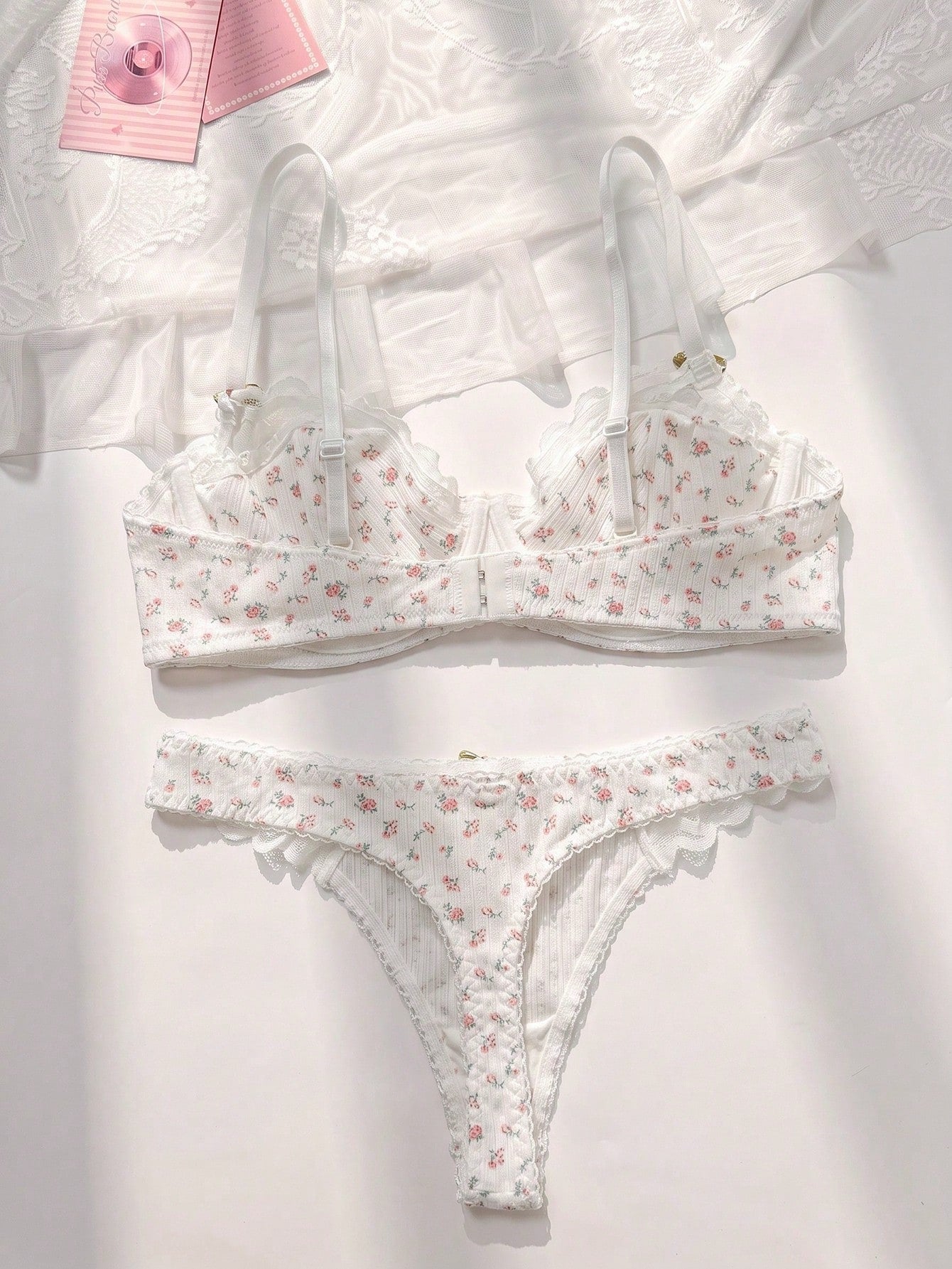 Ditsy Floral Print Contrast Lace Underwire Bra & Panty Lingerie Set Bountiful Floral Splendor