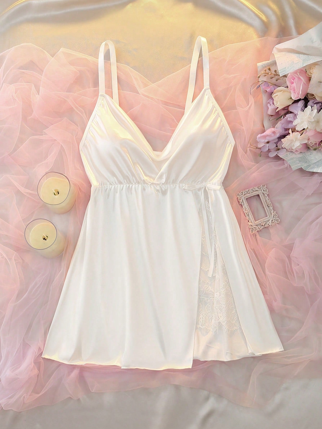 White Satin Lace Patchwork Side High Slit Wide Slit Slimming Body Curve Waist-Cinching Sexy Elegant Sheer Bedroom Boudoir Romantic Plus Size Nightgown