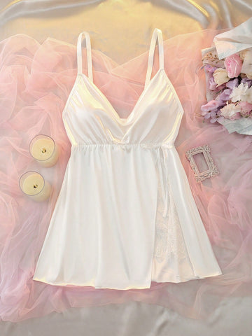 White Satin Lace Patchwork Side High Slit Wide Slit Slimming Body Curve Waist-Cinching Sexy Elegant Sheer Bedroom Boudoir Romantic Plus Size Nightgown
