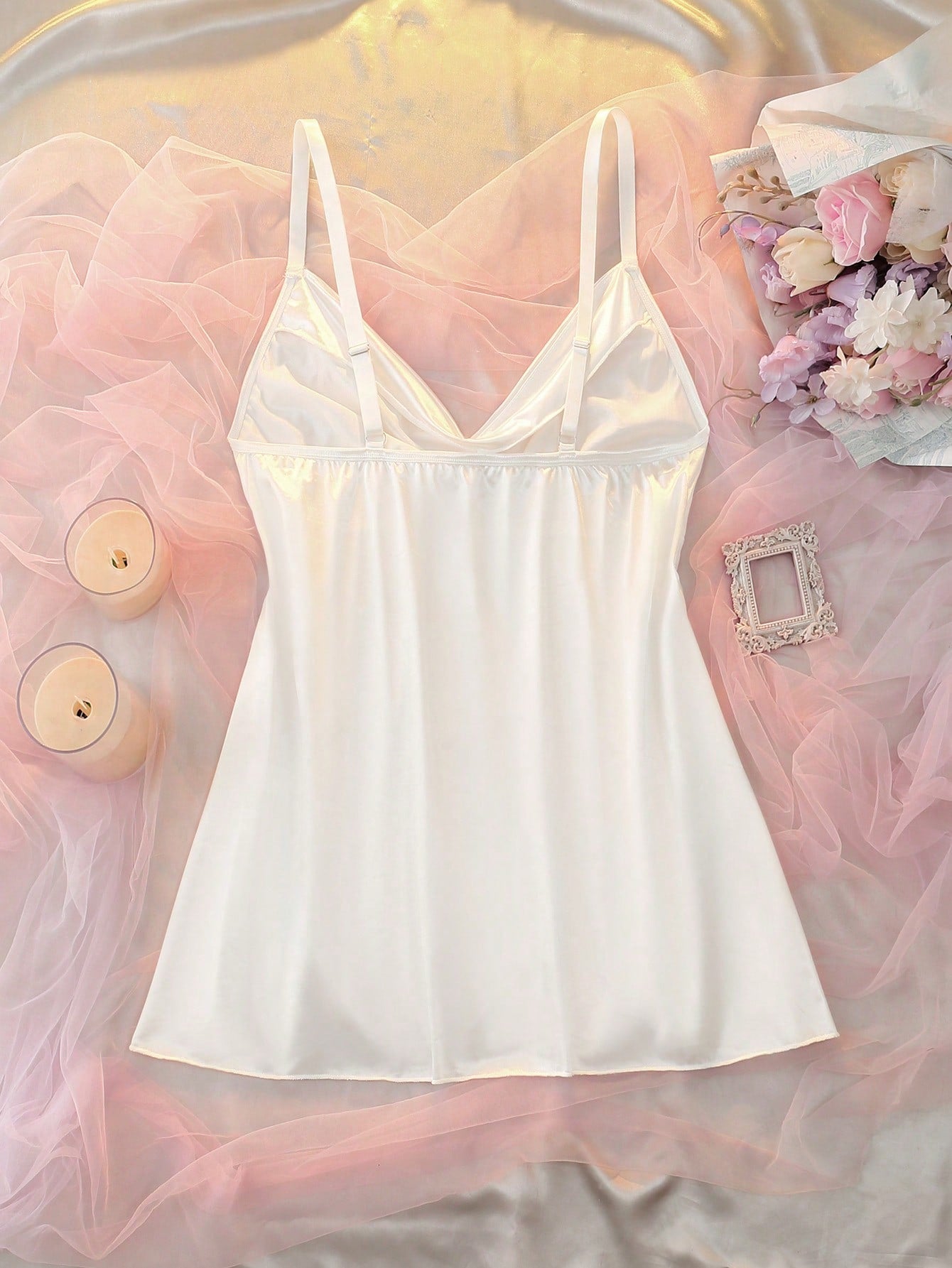 White Satin Lace Patchwork Side High Slit Wide Slit Slimming Body Curve Waist-Cinching Sexy Elegant Sheer Bedroom Boudoir Romantic Plus Size Nightgown