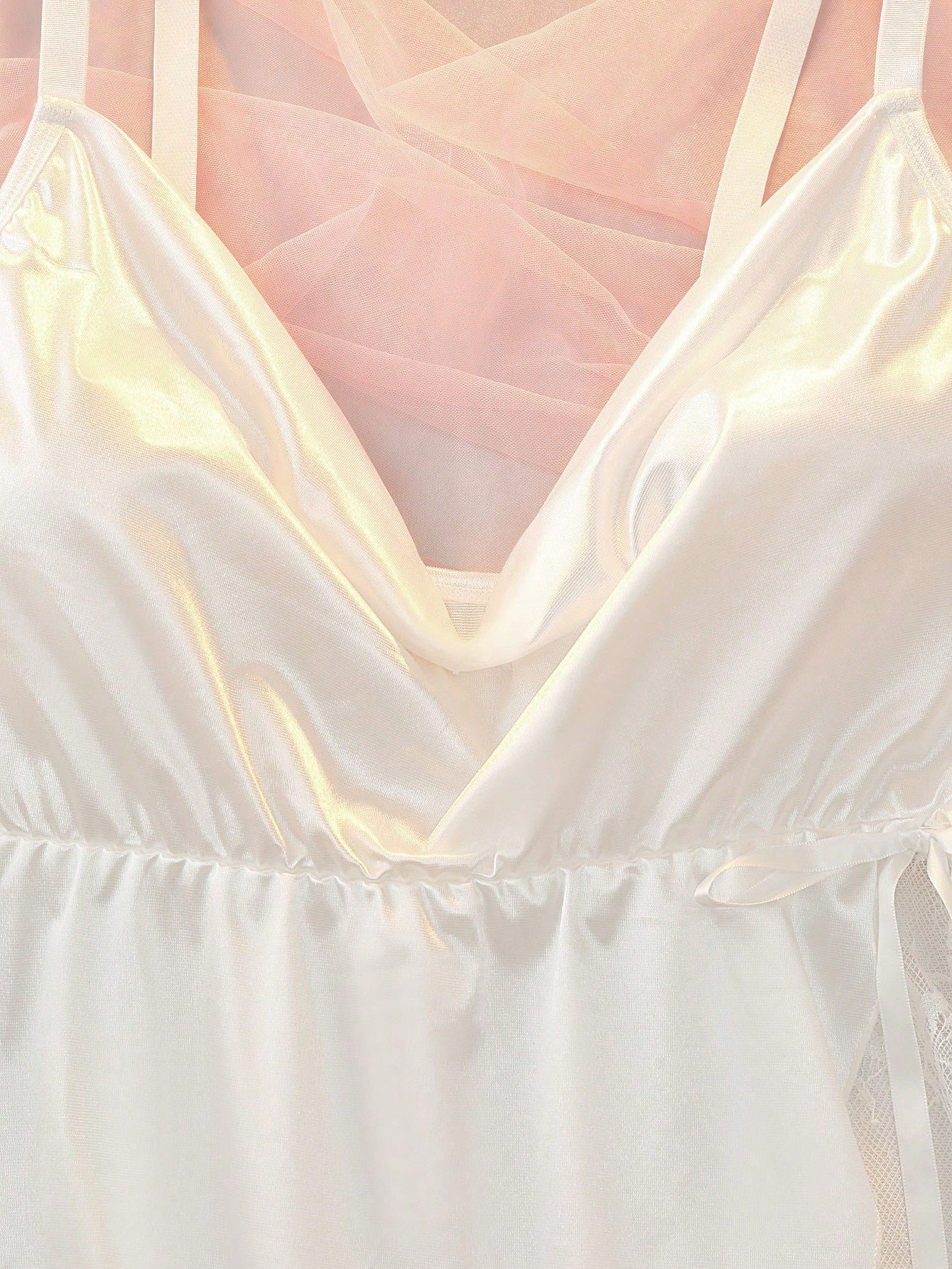White Satin Lace Patchwork Side High Slit Wide Slit Slimming Body Curve Waist-Cinching Sexy Elegant Sheer Bedroom Boudoir Romantic Plus Size Nightgown