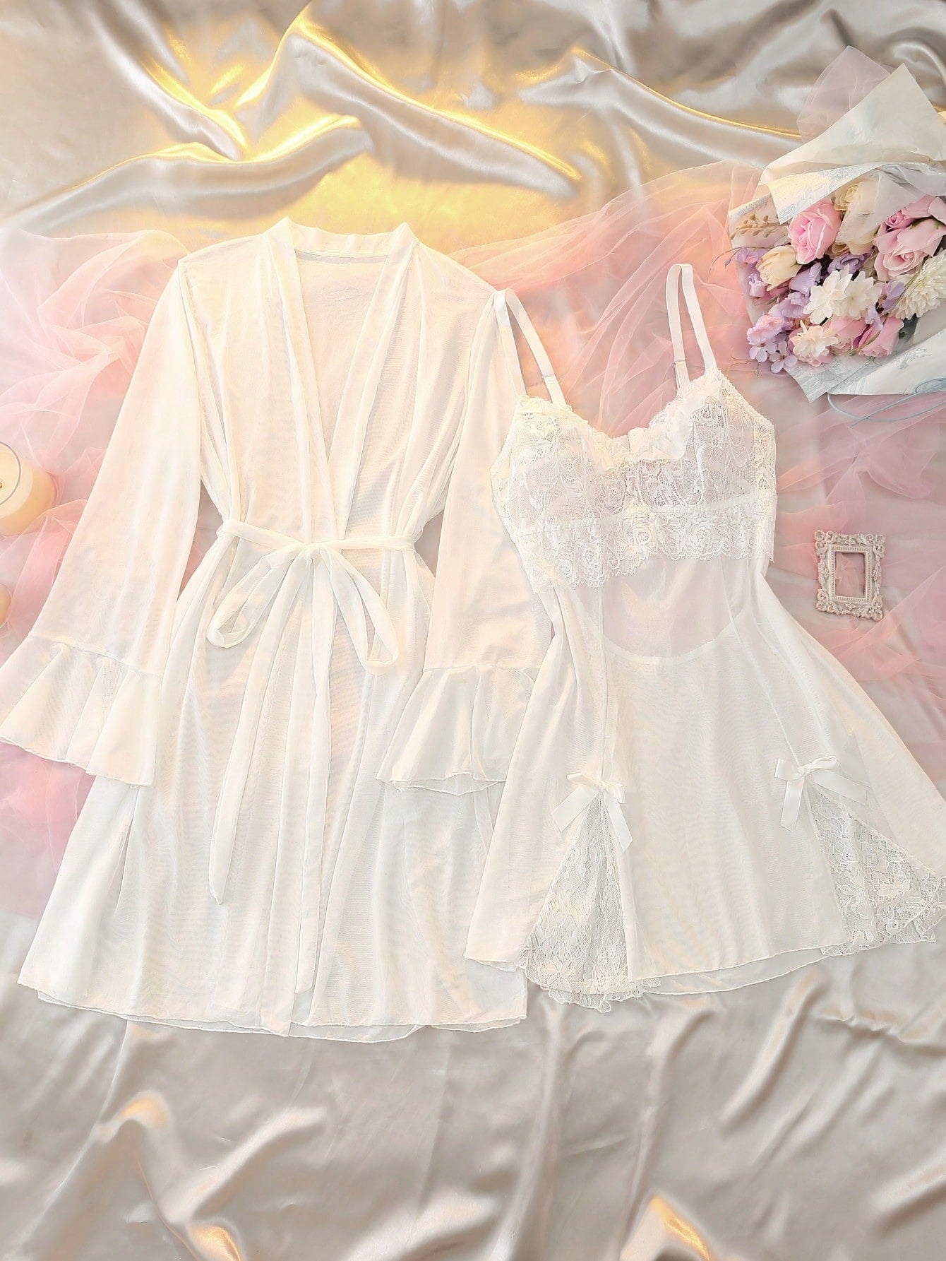 2pcs Mesh Lace Patchwork Bow Ruffle Backless Nightgown Sleepwear Sexy Elegant Bedroom Home Wear Short Dress Robe Loose Slimming Lightweight Semi-Sheer Hazy Plus Size Sleepwear Set