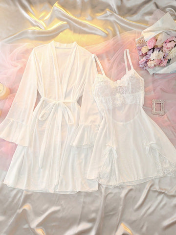2pcs Mesh Lace Patchwork Bow Ruffle Backless Nightgown Sleepwear Sexy Elegant Bedroom Home Wear Short Dress Robe Loose Slimming Lightweight Semi-Sheer Hazy Plus Size Sleepwear Set