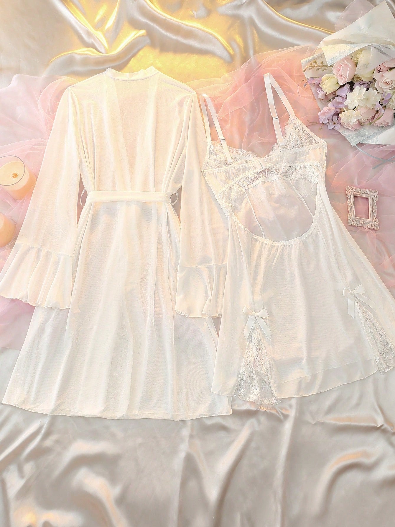 2pcs Mesh Lace Patchwork Bow Ruffle Backless Nightgown Sleepwear Sexy Elegant Bedroom Home Wear Short Dress Robe Loose Slimming Lightweight Semi-Sheer Hazy Plus Size Sleepwear Set