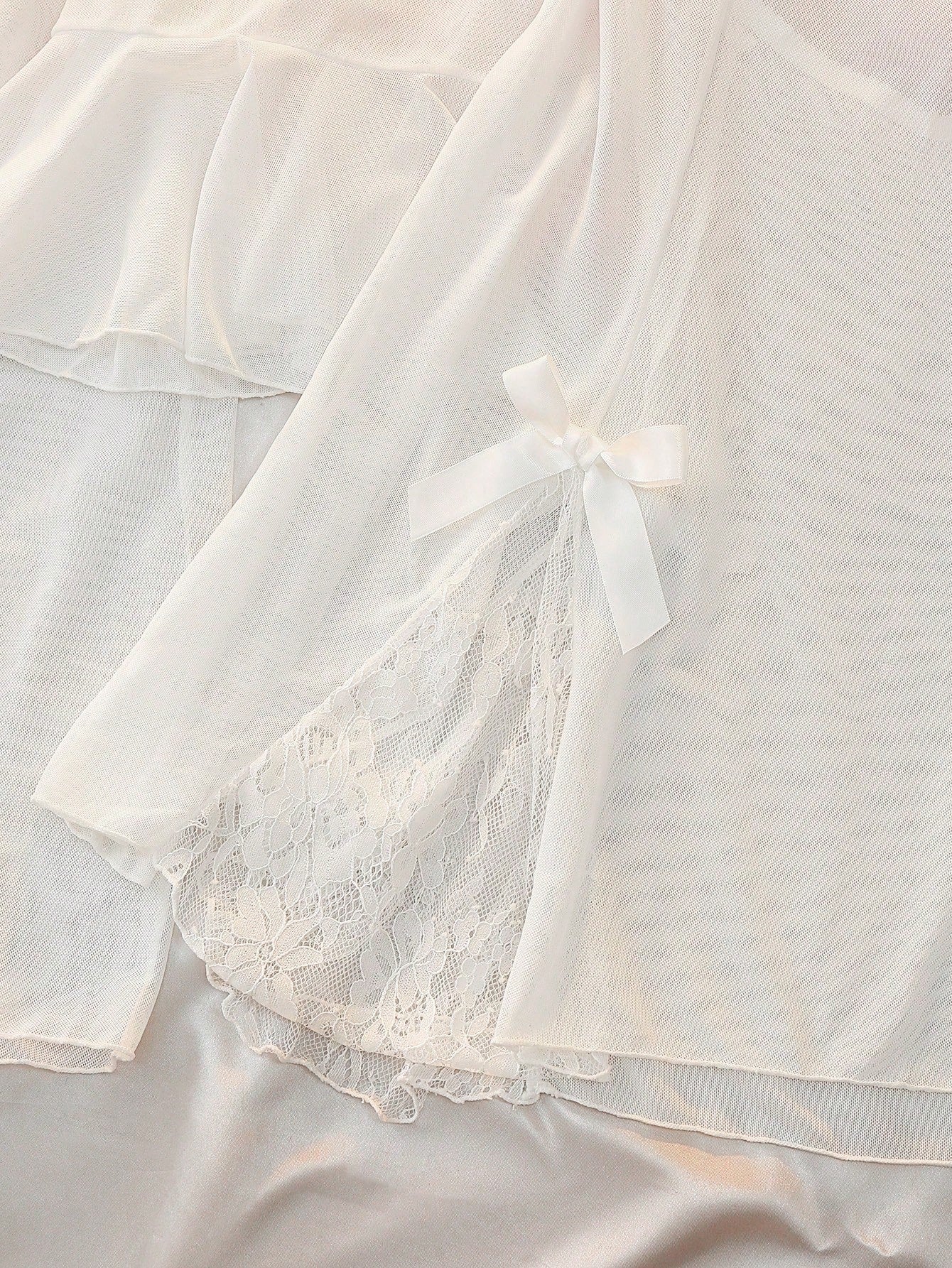 2pcs Mesh Lace Patchwork Bow Ruffle Backless Nightgown Sleepwear Sexy Elegant Bedroom Home Wear Short Dress Robe Loose Slimming Lightweight Semi-Sheer Hazy Plus Size Sleepwear Set