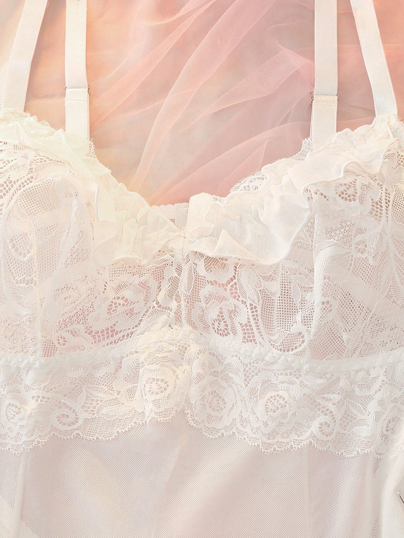 2pcs Mesh Lace Patchwork Bow Ruffle Backless Nightgown Sleepwear Sexy Elegant Bedroom Home Wear Short Dress Robe Loose Slimming Lightweight Semi-Sheer Hazy Plus Size Sleepwear Set