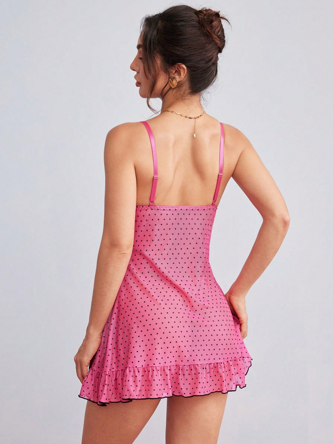 Pink Mesh Patchwork Deep V-Neck Frill Trim Sheer Polka Dot Pattern Sweet & Cute Women's Nightgown