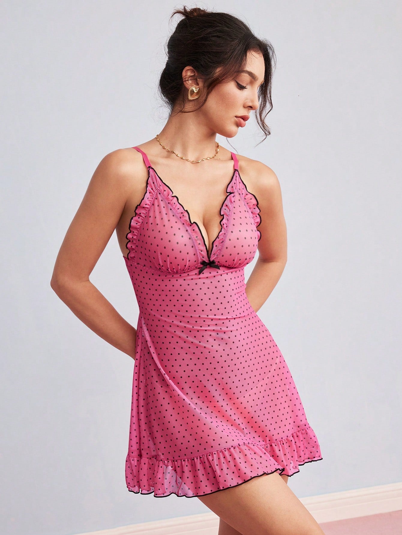 Pink Mesh Patchwork Deep V-Neck Frill Trim Sheer Polka Dot Pattern Sweet & Cute Women's Nightgown