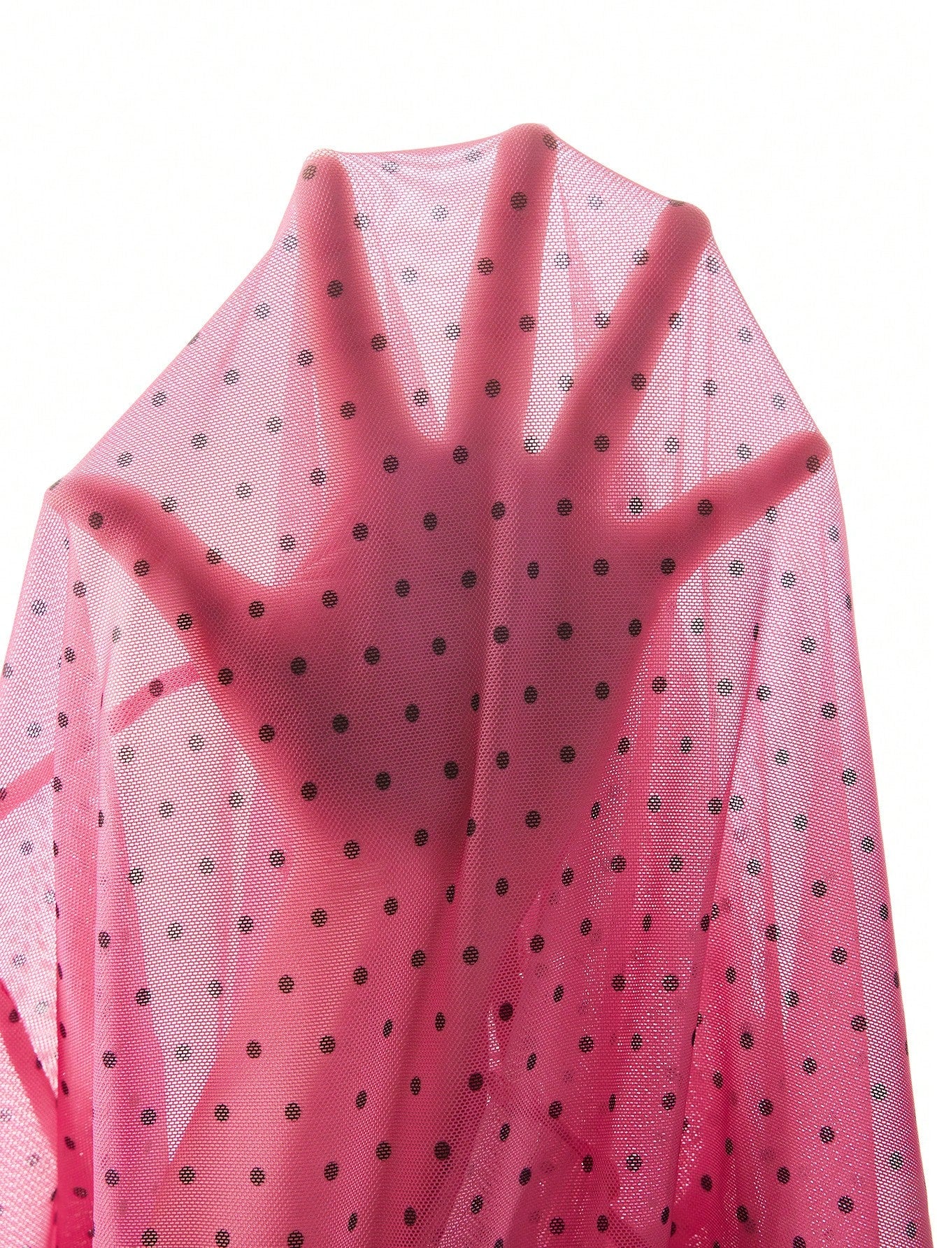 Pink Mesh Patchwork Deep V-Neck Frill Trim Sheer Polka Dot Pattern Sweet & Cute Women's Nightgown