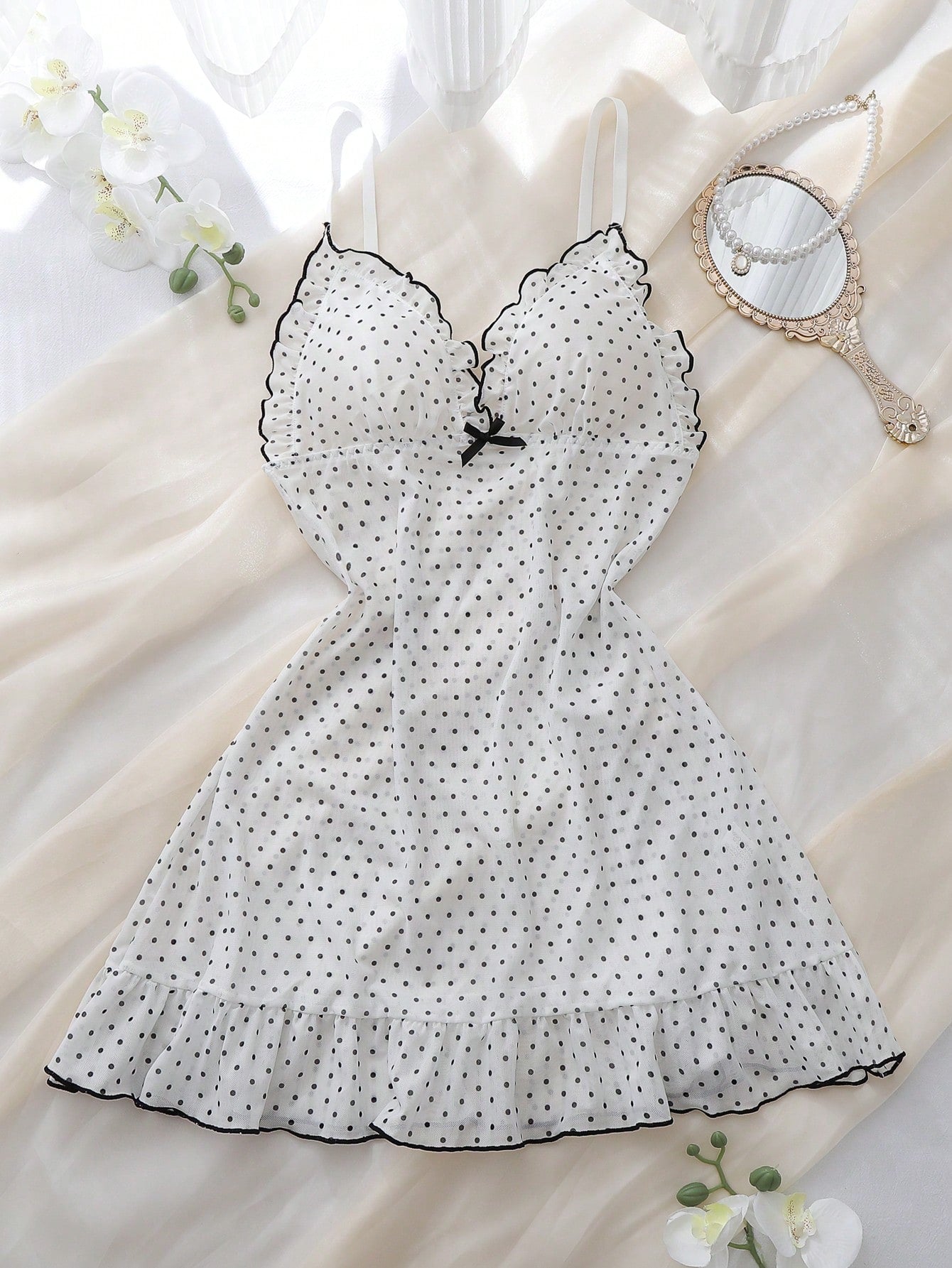 Pink Mesh Patchwork Deep V-Neck Frill Trim Sheer Polka Dot Pattern Sweet & Cute Women's Nightgown