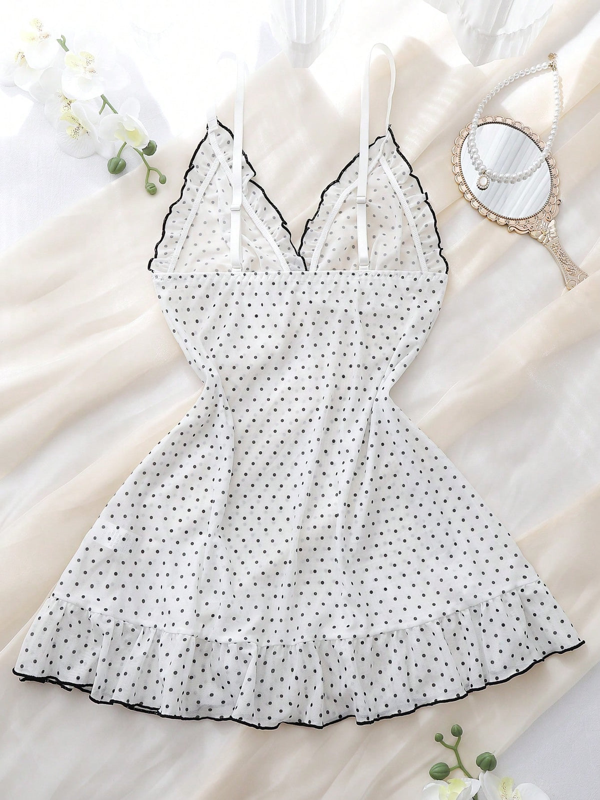Pink Mesh Patchwork Deep V-Neck Frill Trim Sheer Polka Dot Pattern Sweet & Cute Women's Nightgown
