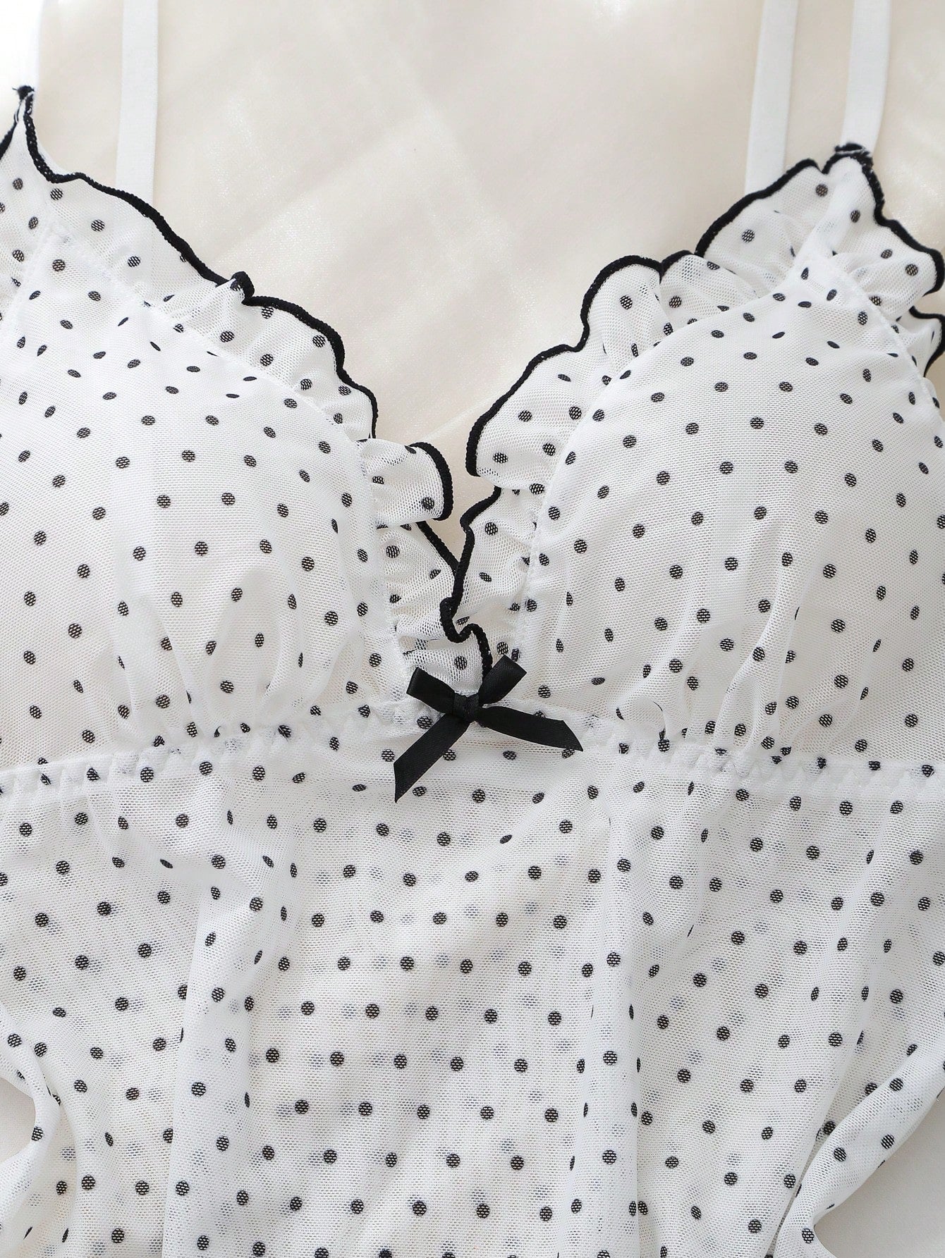 Pink Mesh Patchwork Deep V-Neck Frill Trim Sheer Polka Dot Pattern Sweet & Cute Women's Nightgown