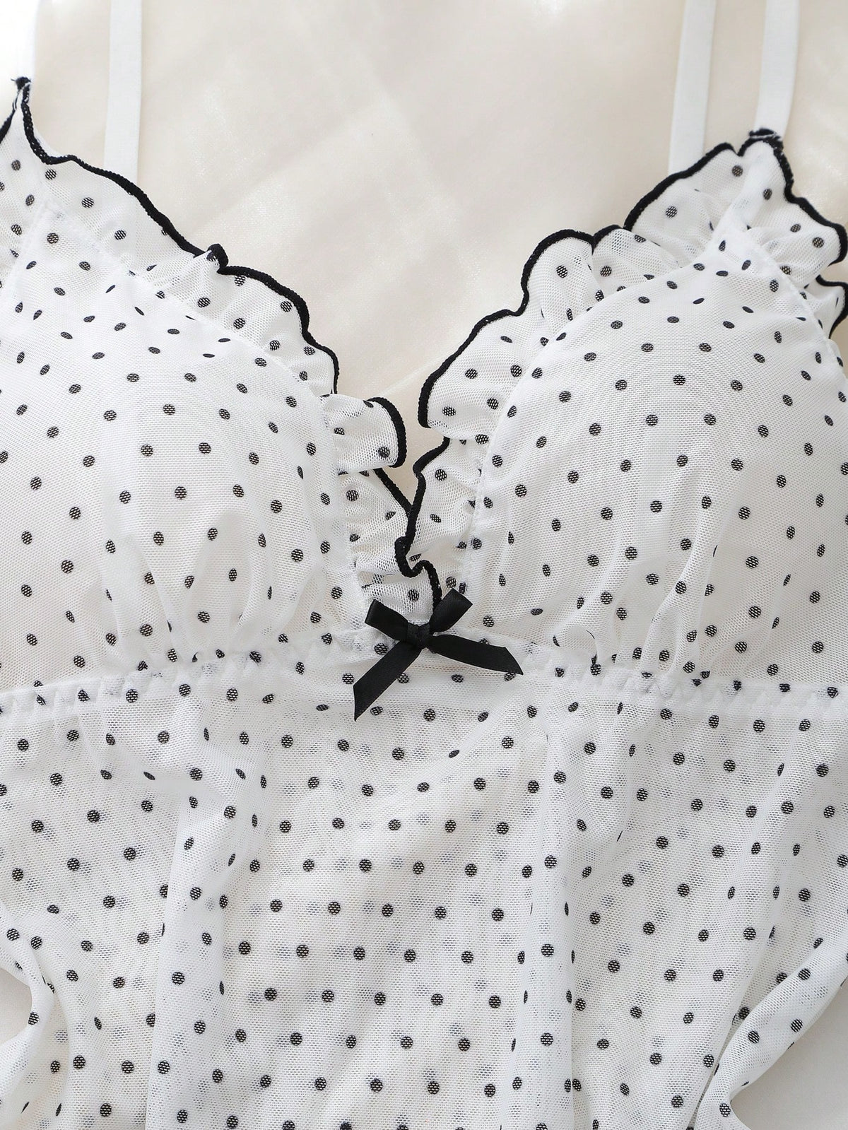 Pink Mesh Patchwork Deep V-Neck Frill Trim Sheer Polka Dot Pattern Sweet & Cute Women's Nightgown