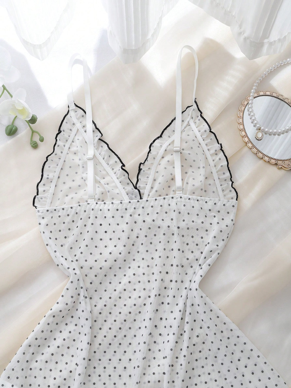 Pink Mesh Patchwork Deep V-Neck Frill Trim Sheer Polka Dot Pattern Sweet & Cute Women's Nightgown