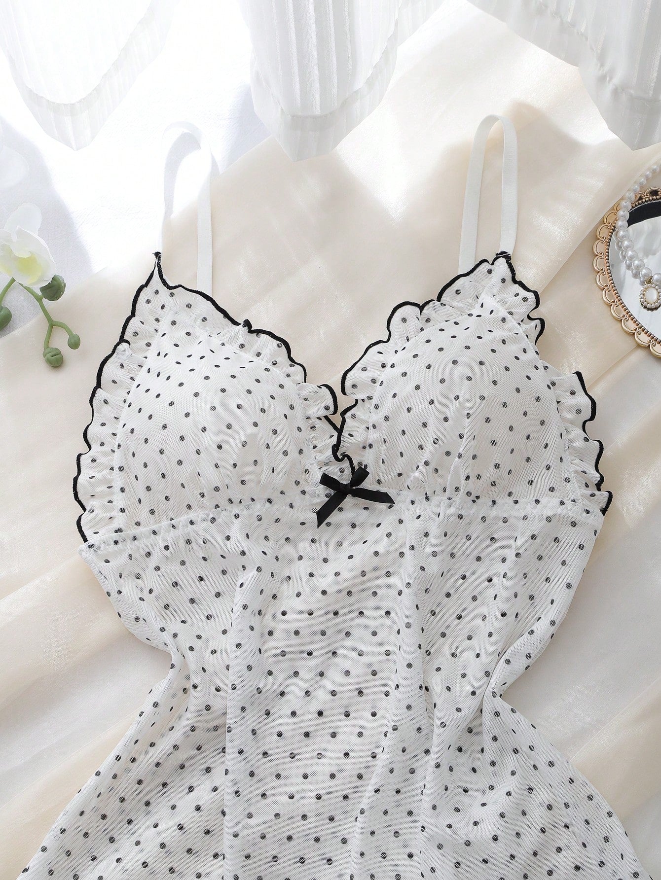 Pink Mesh Patchwork Deep V-Neck Frill Trim Sheer Polka Dot Pattern Sweet & Cute Women's Nightgown