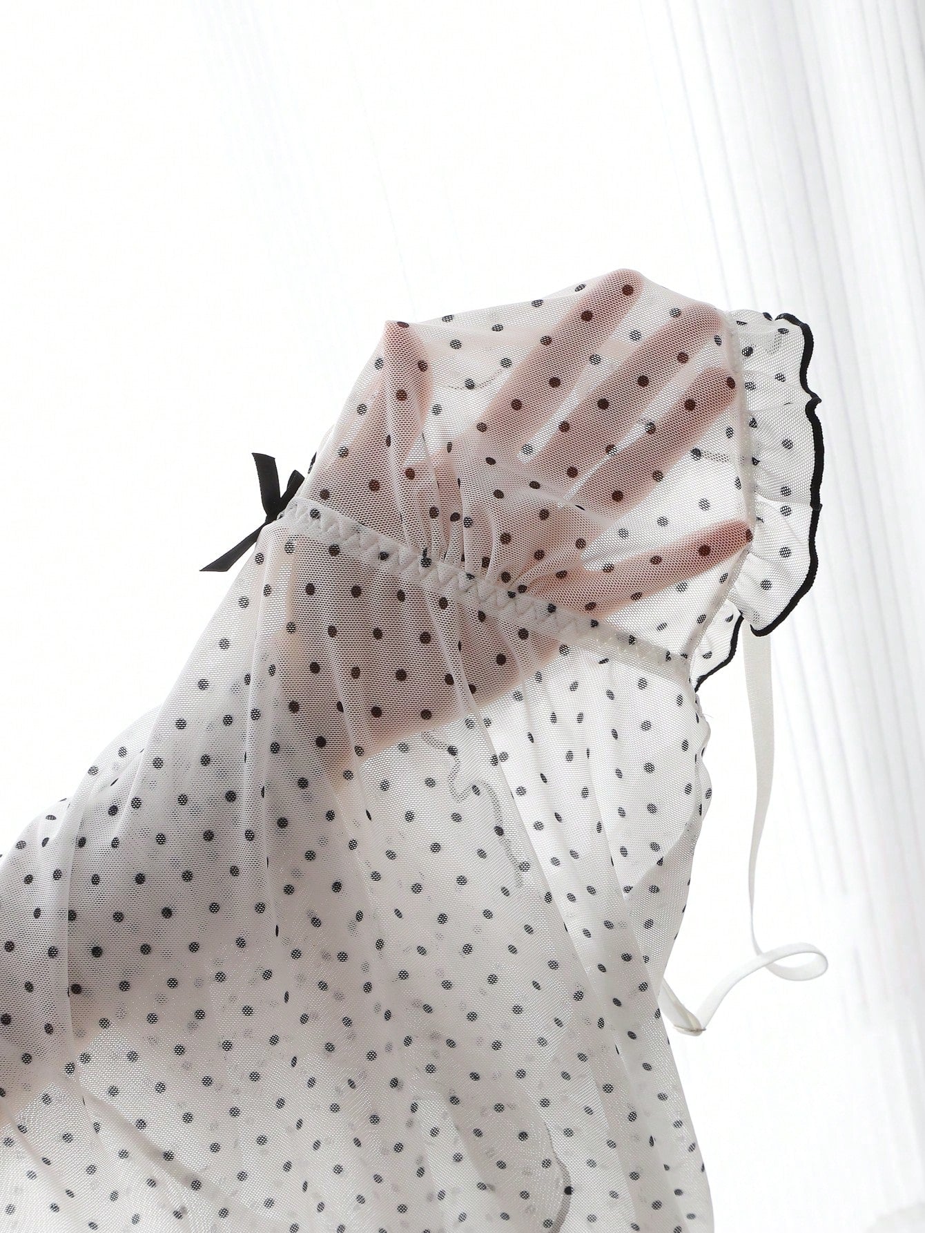 Pink Mesh Patchwork Deep V-Neck Frill Trim Sheer Polka Dot Pattern Sweet & Cute Women's Nightgown