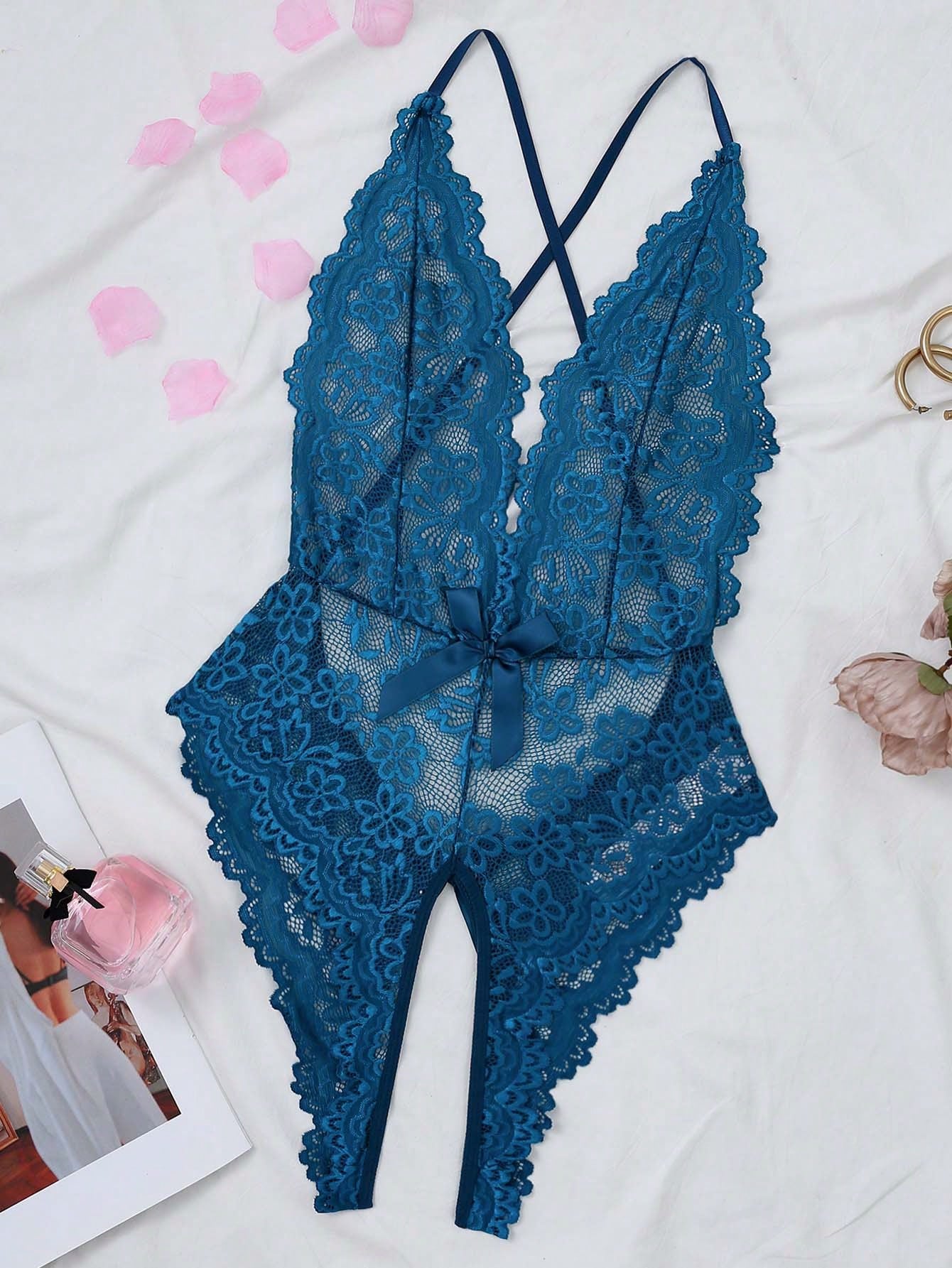 Floral Lace Teddy Bodysuit with Scallop Trim Detail