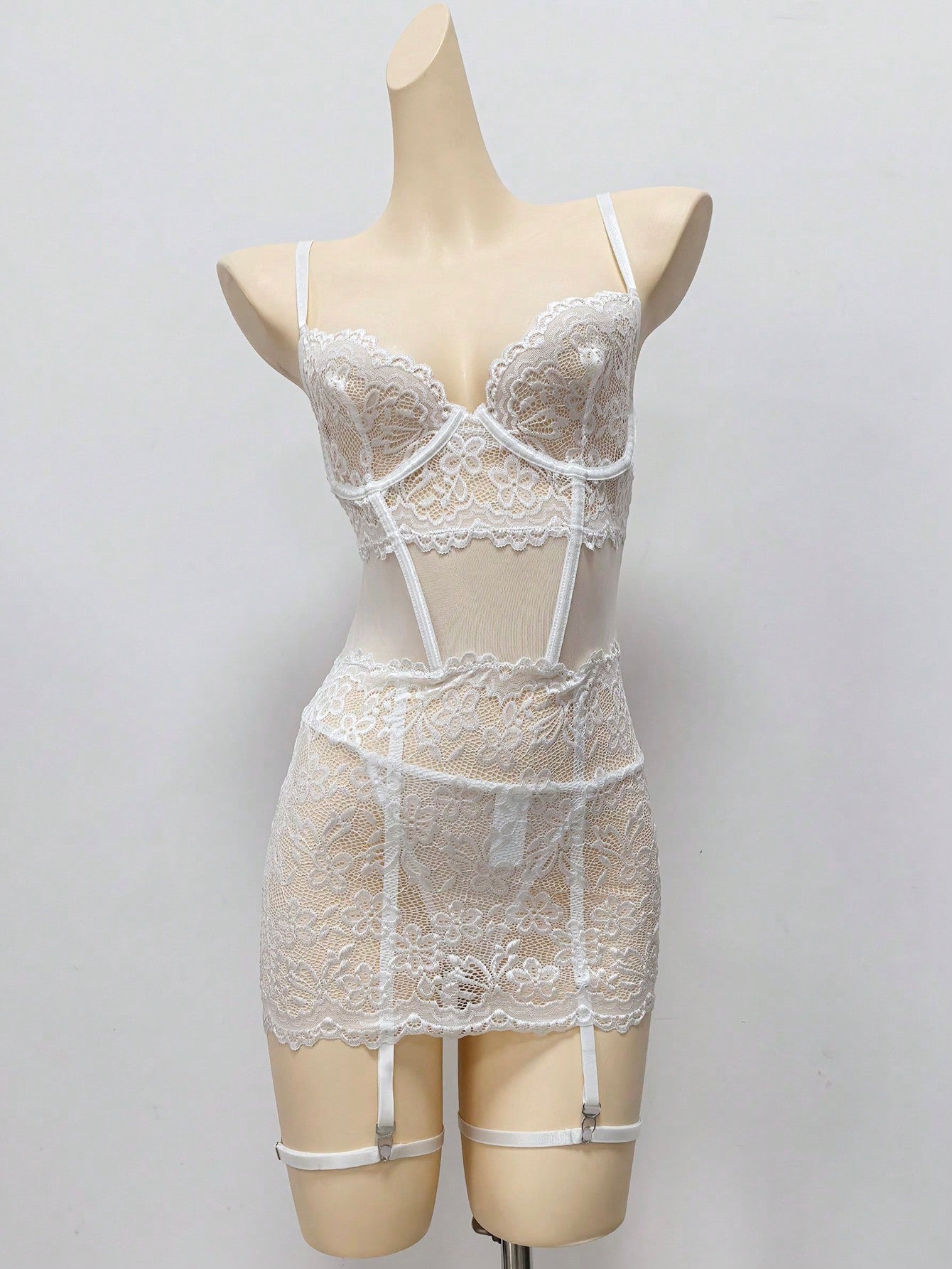 4-Piece Lace Patchwork Nightwear Set with G-String and Leg Rings