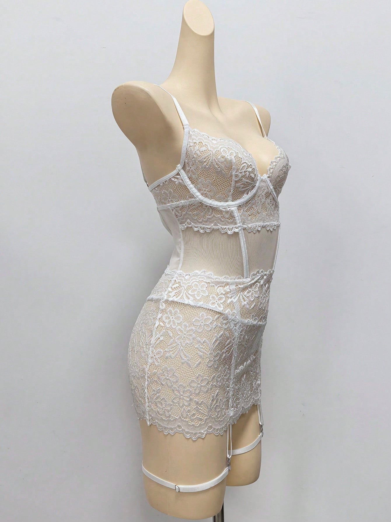 4-Piece Lace Patchwork Nightwear Set with G-String and Leg Rings