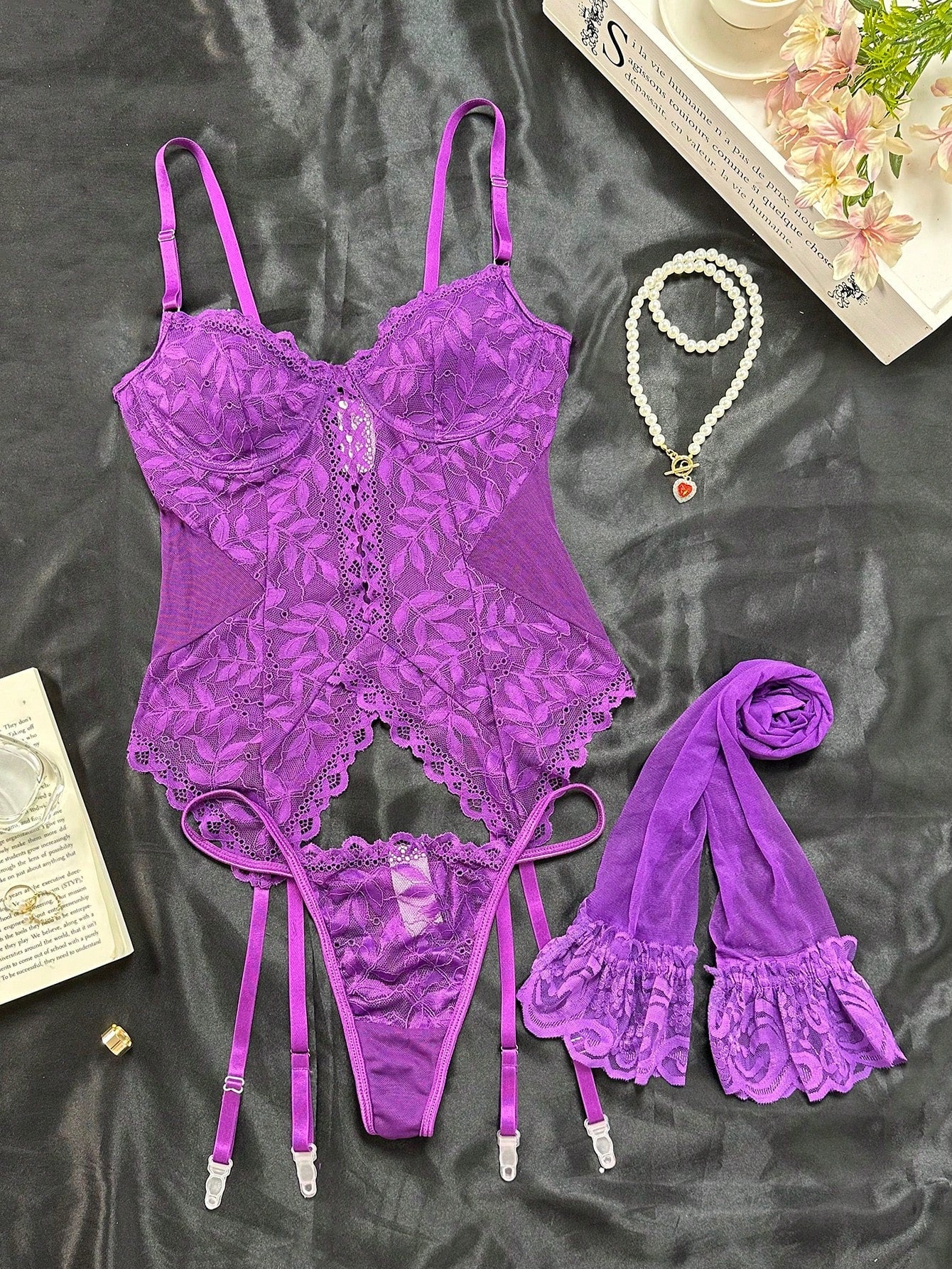 4-Piece Lace Lingerie Set with Underwire Bra and Stockings