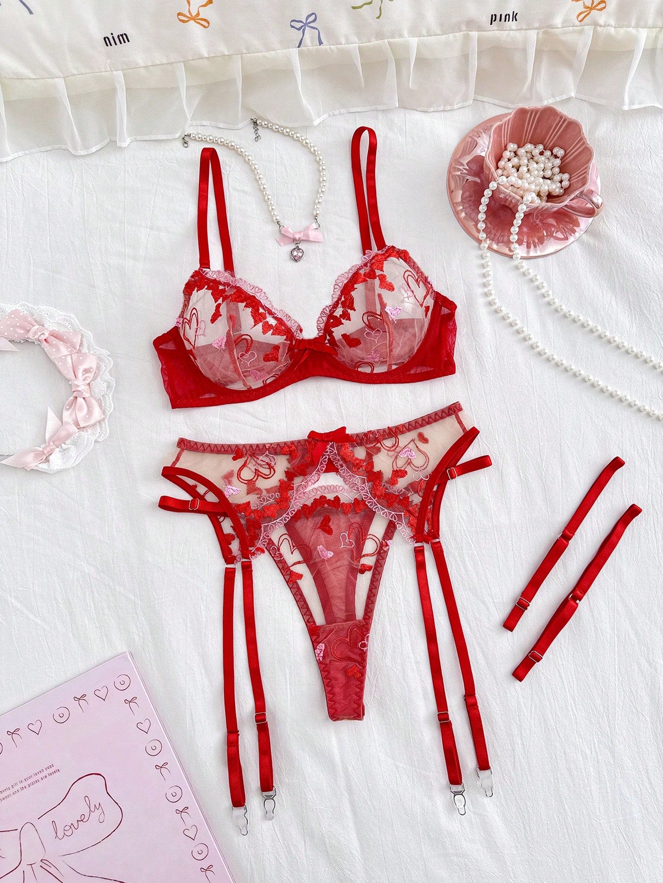 5-Piece Red Heart Embroidered Fabric Matching Set Coordinated Outfit Set