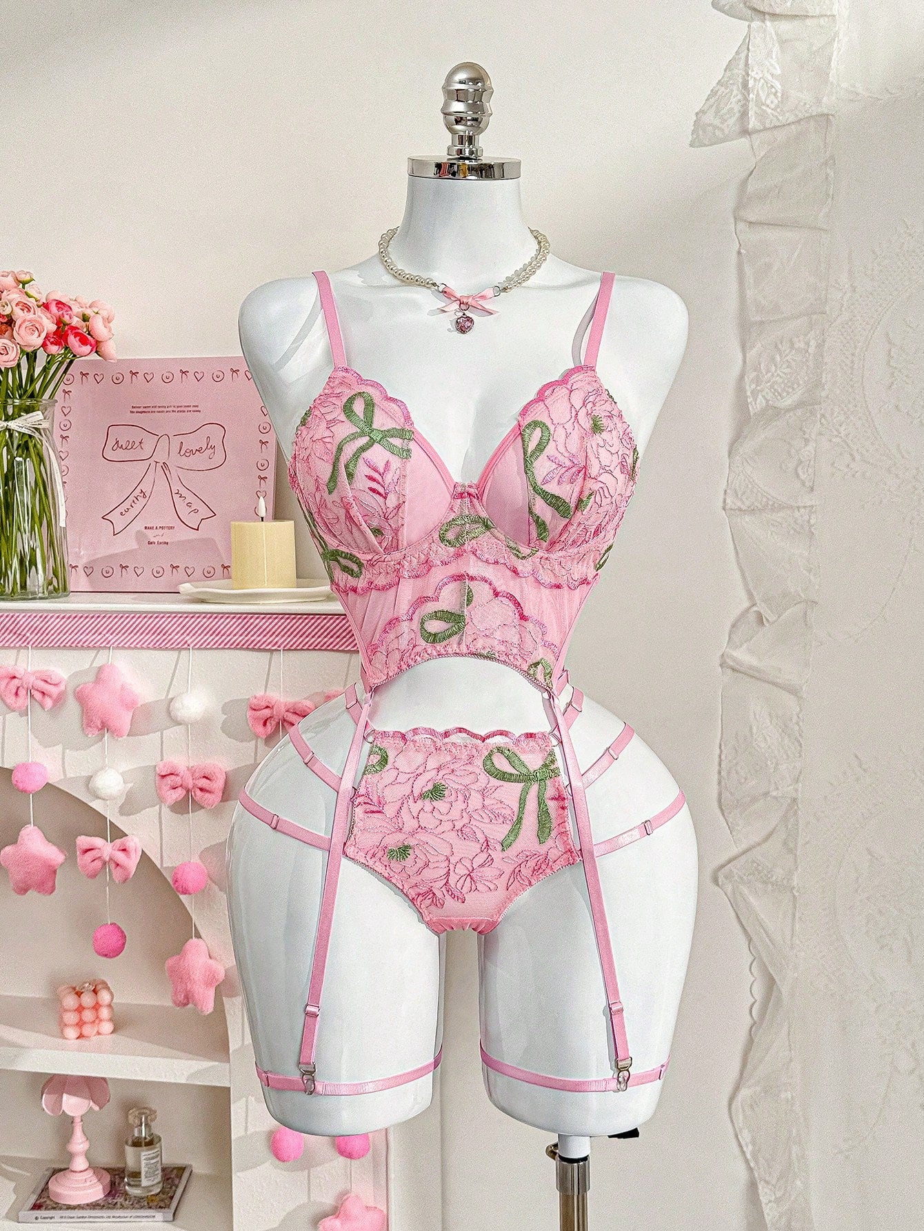 4-Piece Embroidered Lace Lingerie Set