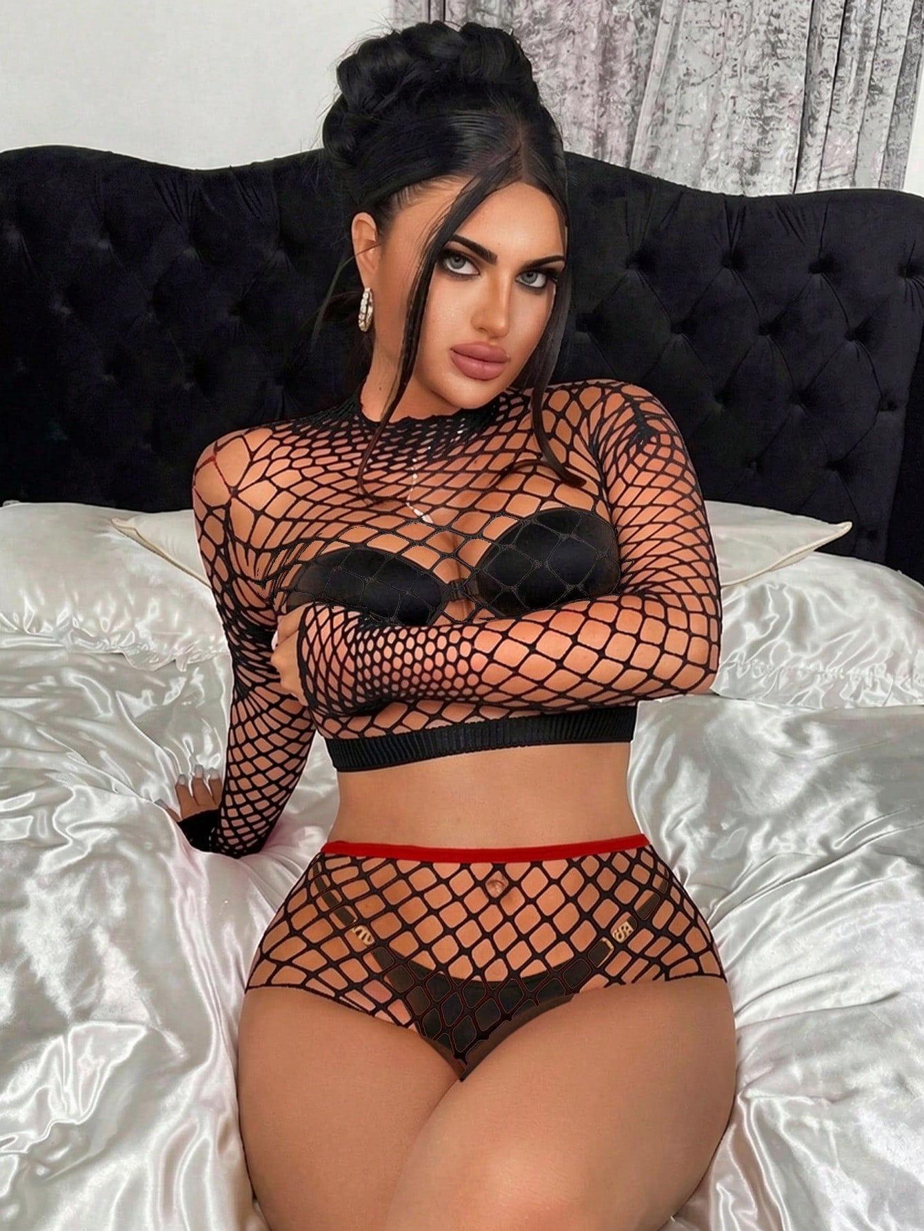 Mesh Fabric One-Piece Bodysuit Style Outfit Coordinated Set