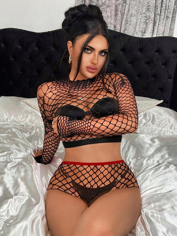Mesh Fabric One-Piece Bodysuit Style Outfit Coordinated Set