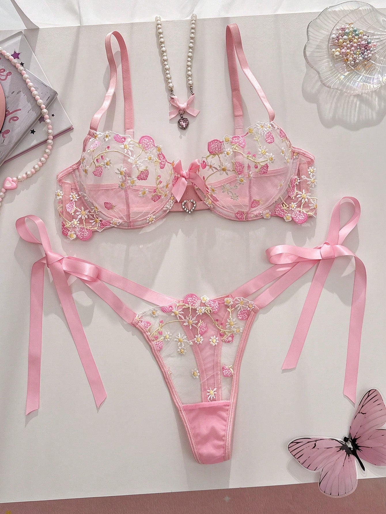 Pink Mesh Fabric Embroidered Set with Heart Detail and Bow Accent Coordinated Outfit Set