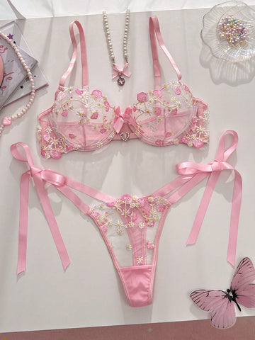 Pink Mesh Fabric Embroidered Set with Heart Detail and Bow Accent Coordinated Outfit Set