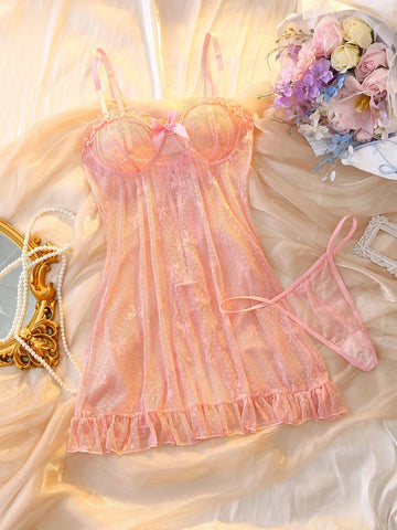 2-Piece Lace Lingerie Set with Bow Detail, Ruffle Hem and Mesh Fabric