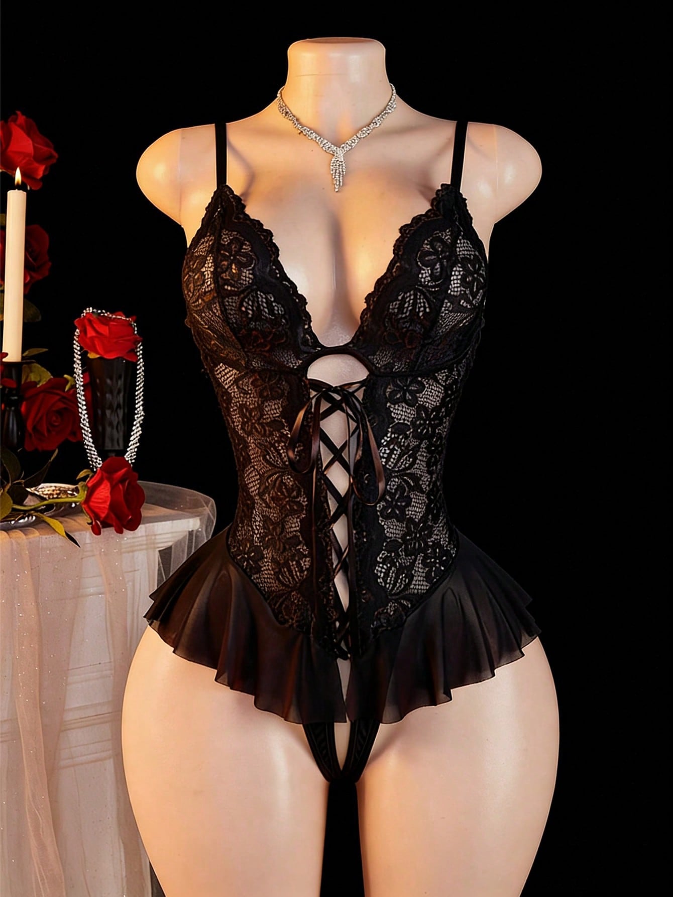 Lace Halter Bodysuit with Ruffle Detail