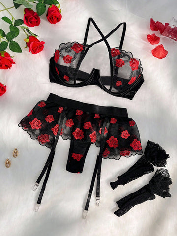 Embroidered Mesh Garter Lingerie Set with Stockings