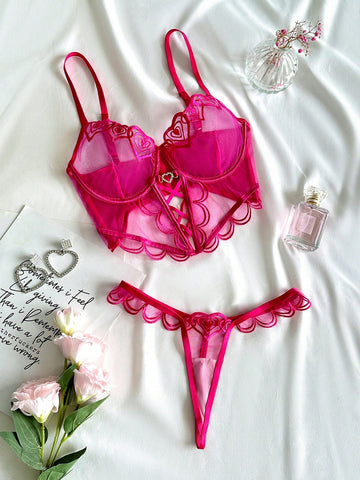 Embroidered Mesh Fabric Top and Bottom Set with Strap Detail Coordinated Outfit Set