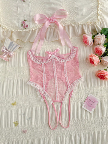 Pink Halter Neck Textured Fabric Jumpsuit with Bow Detail Lightweight Outfit