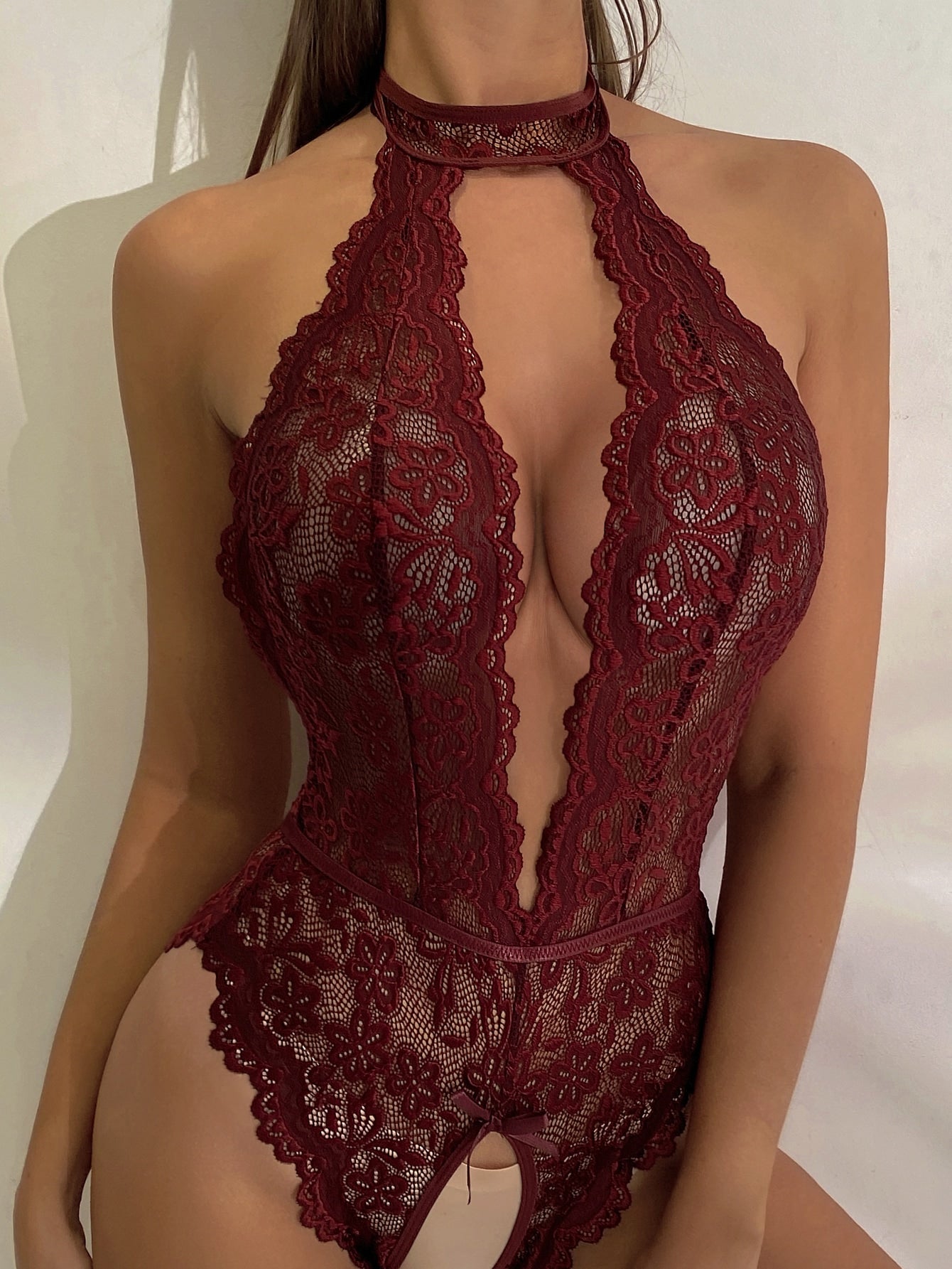 Floral Lace Teddy Bodysuit with Scallop Trim Detail