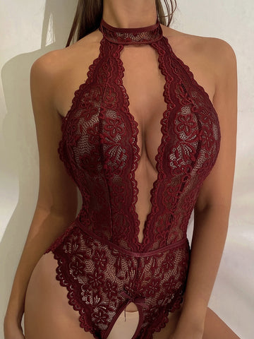 Floral Lace Teddy Bodysuit with Scallop Trim Detail