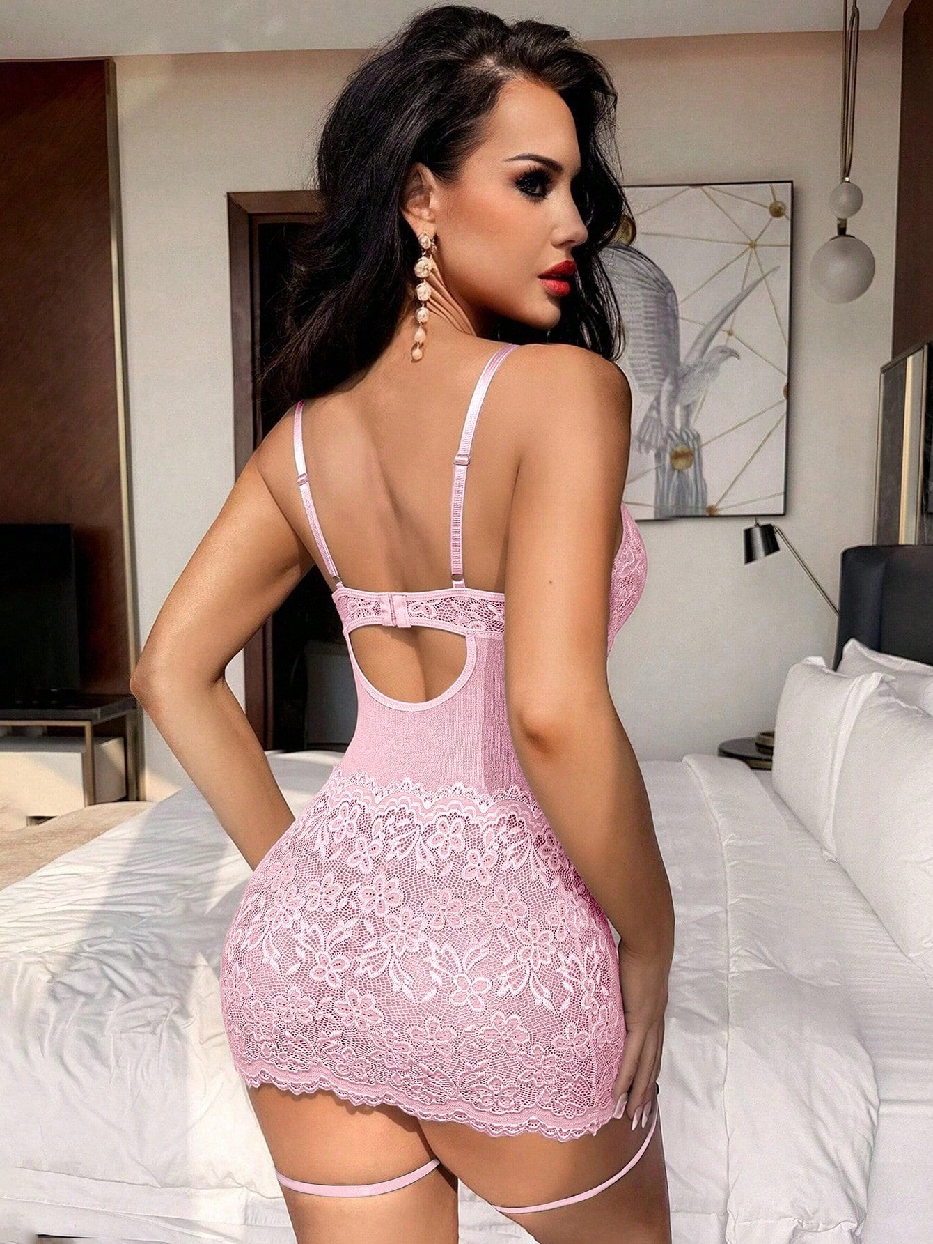 4-Piece Lace Patchwork Nightwear Set with G-String and Leg Rings