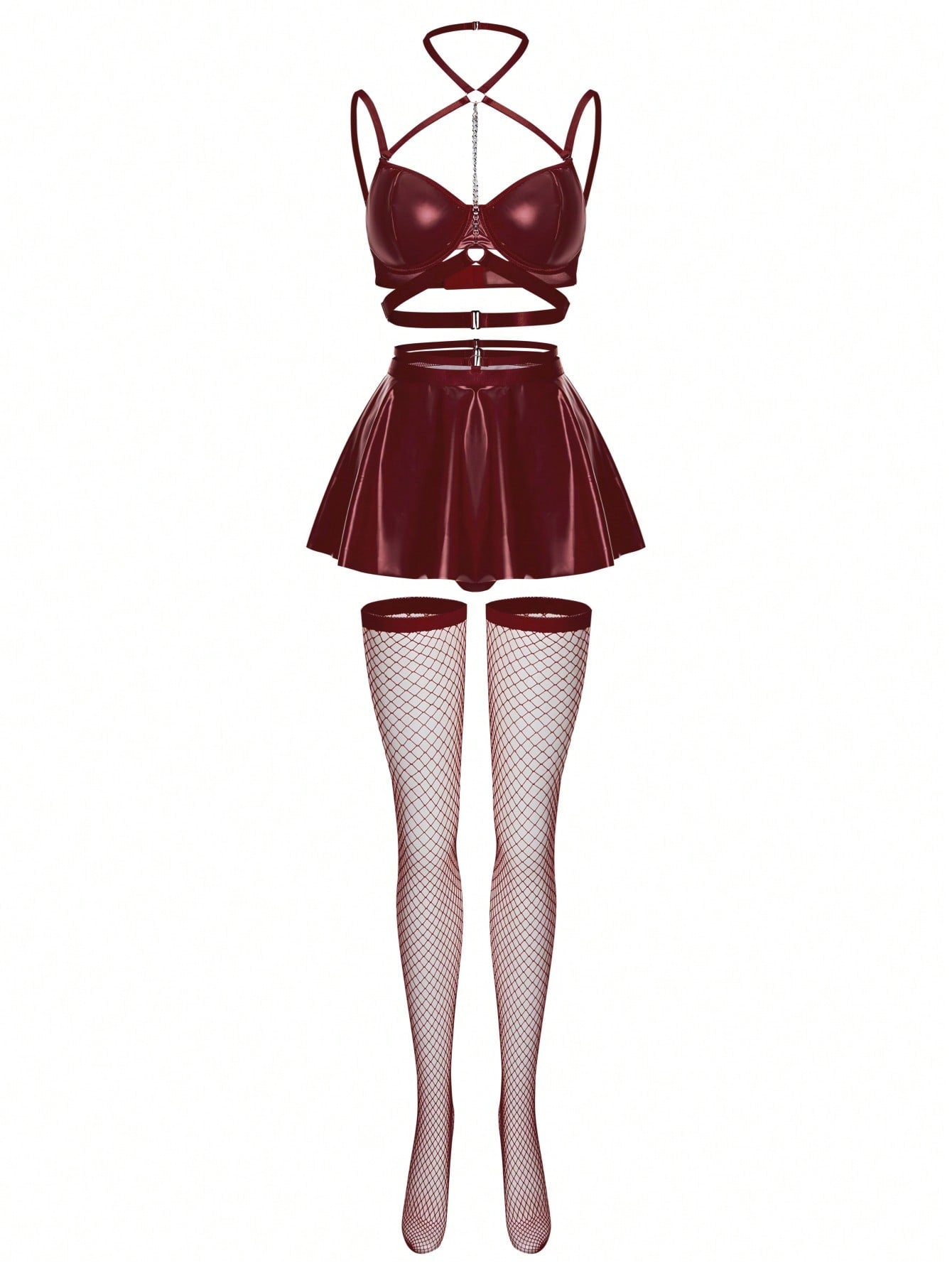 5-Piece Set with Halter Bralette, Mini Skirt and Fishnet Stockings