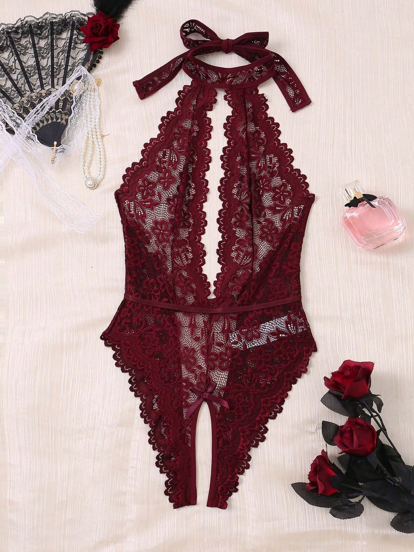 Floral Lace Teddy Bodysuit with Scallop Trim Detail