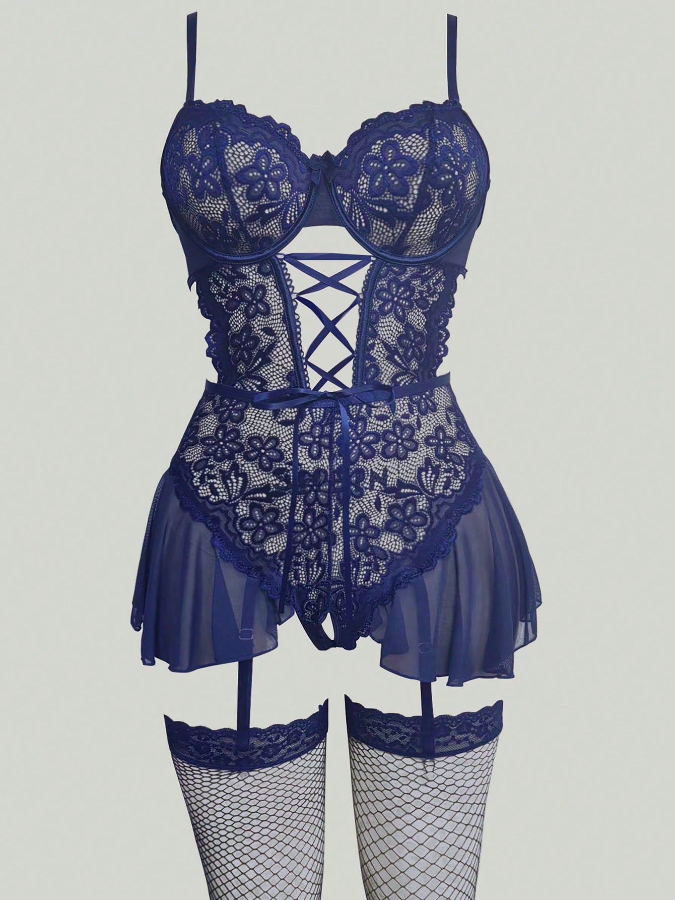 3-Piece Bodystocking Set with Lace Patchwork, Garter Belt and Stockings