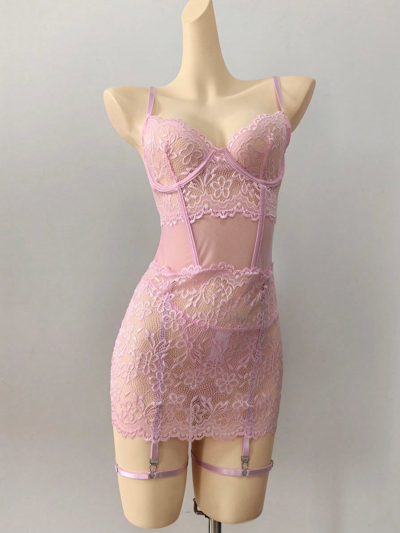 4-Piece Lace Patchwork Nightwear Set with G-String and Leg Rings
