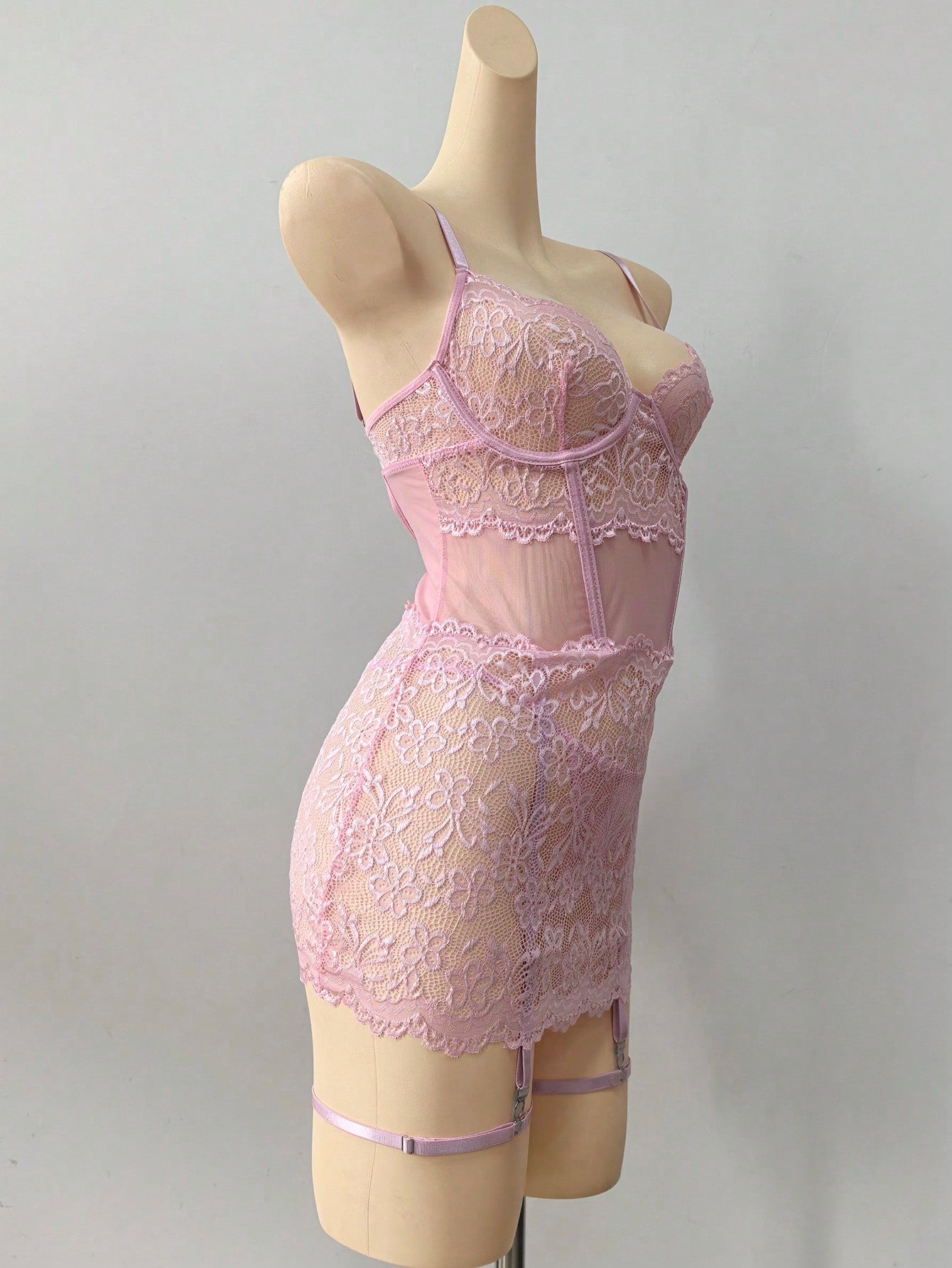 4-Piece Lace Patchwork Nightwear Set with G-String and Leg Rings