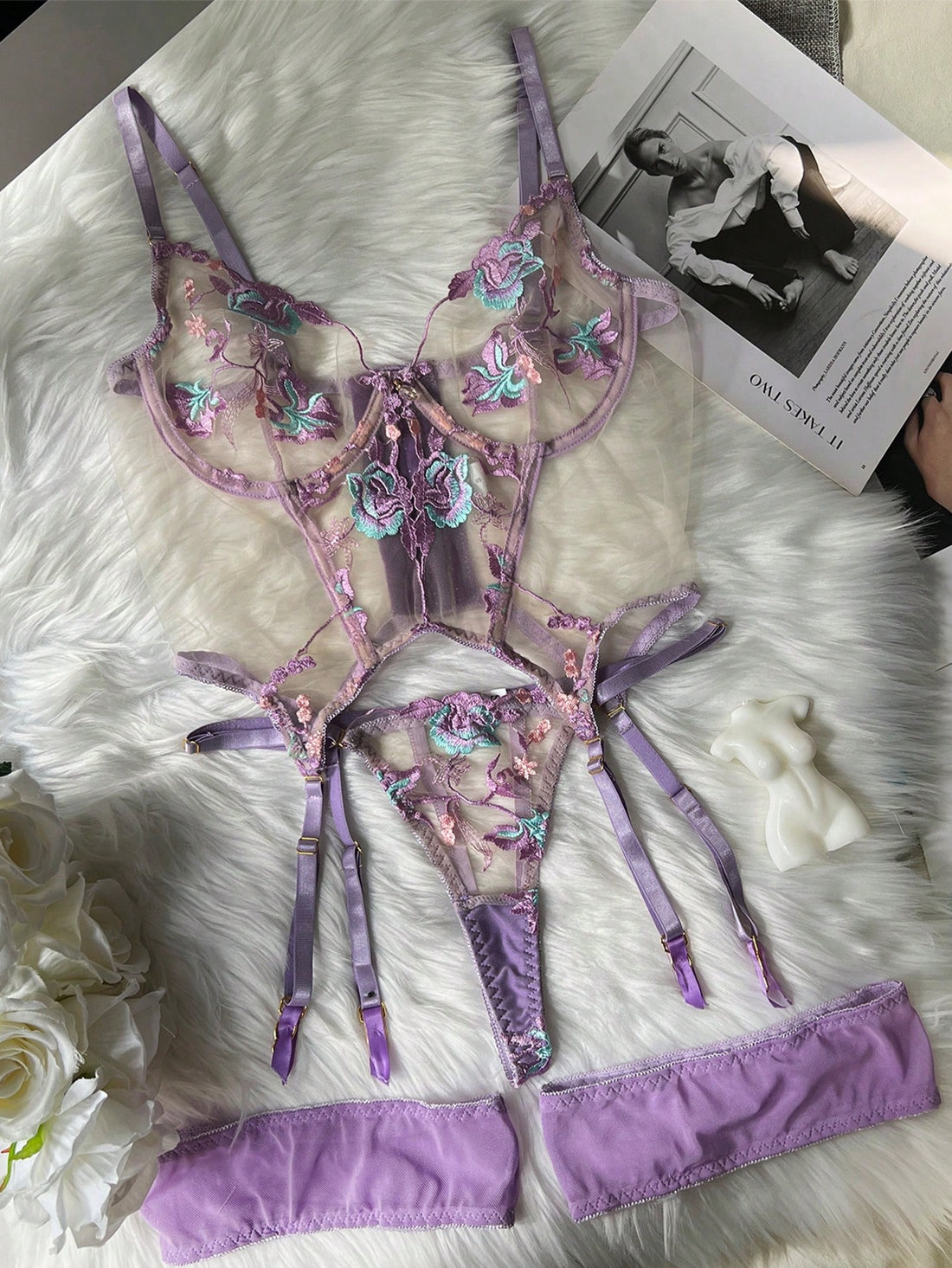 Women 3-Piece Embroidered Fabric Structured Set with Belt Accessory Coordinated Outfit Set