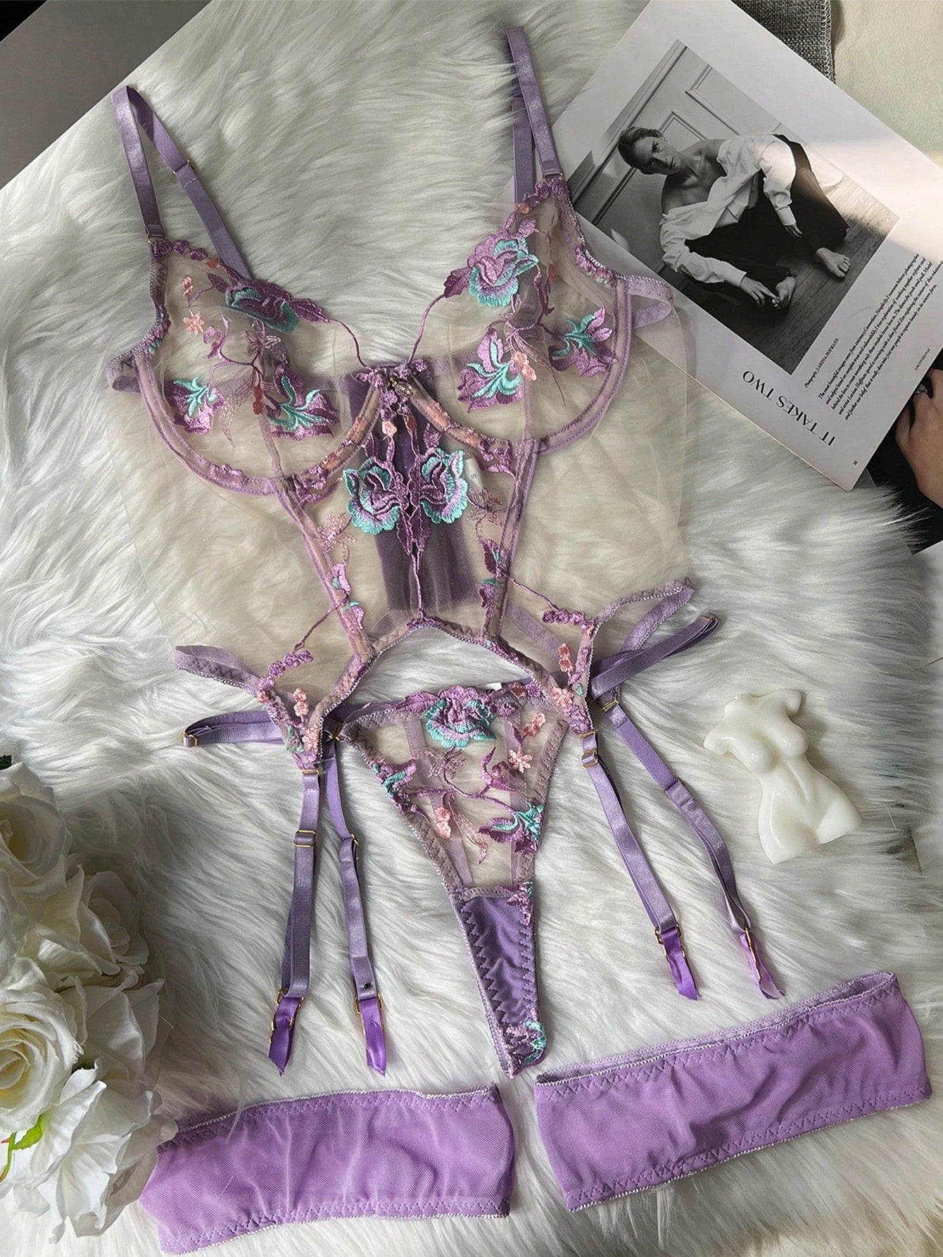 Women 3-Piece Embroidered Fabric Structured Set with Belt Accessory Coordinated Outfit Set