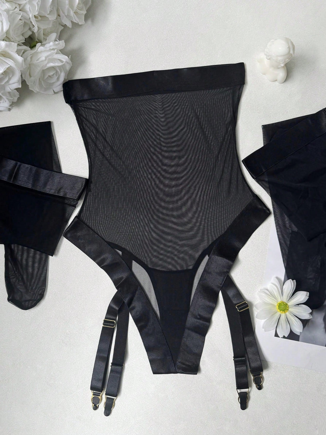 Strapless Mesh Fabric Jumpsuit Style Set with Matching Accessories Coordinated Outfit Set