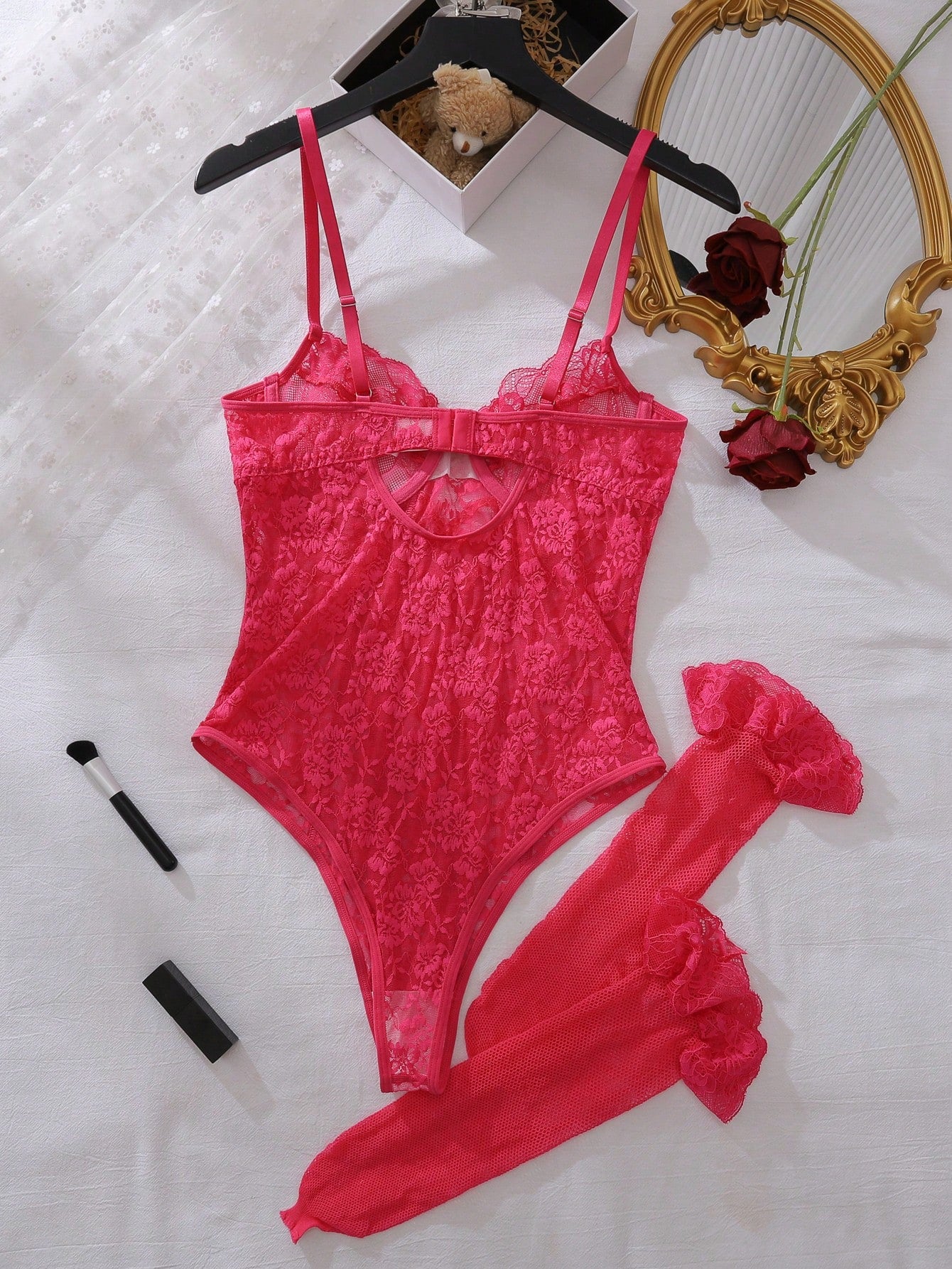 3-Piece Textured Fabric Bodysuit Style Set with Stockings Coordinated Outfit Set