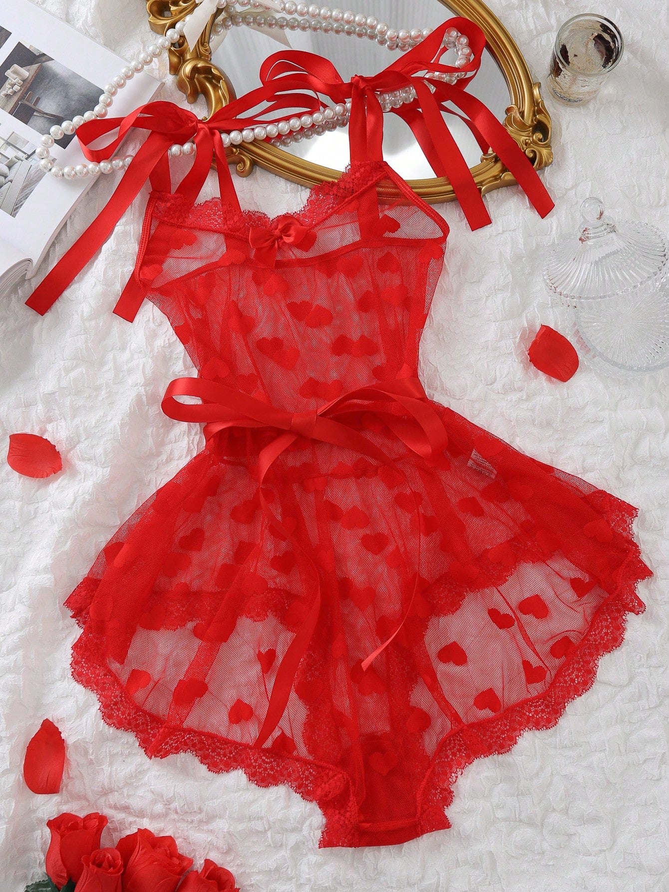 Women 2-Piece Mesh Fabric One-Piece Outfit and Belt Accessory Coordinated Set