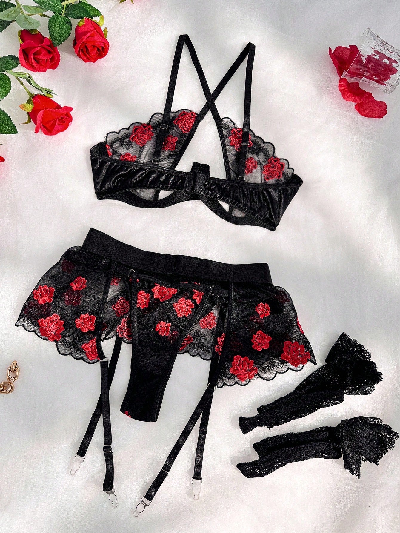 Embroidered Mesh Garter Lingerie Set with Stockings