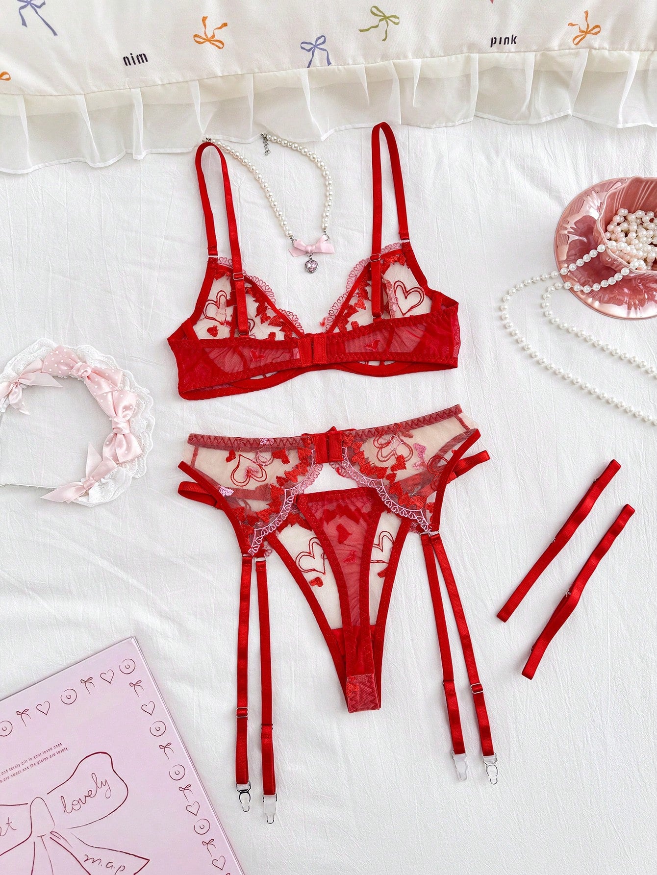 5-Piece Red Heart Embroidered Fabric Matching Set Coordinated Outfit Set